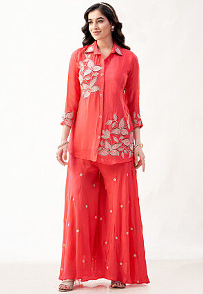 Embroidered Georgette Tunic Set in Peach
