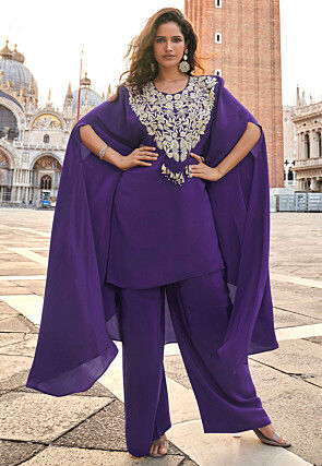 Embroidered Georgette Tunic Set in Purple