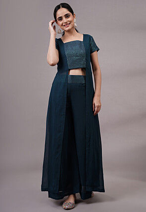 Embroidered Georgette Tunic Set in Teal Blue