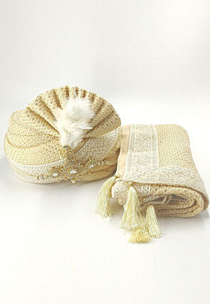 Embroidered Georgette Turban Set in Beige