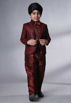 Embroidered Georgette Tuxedo in Maroon
