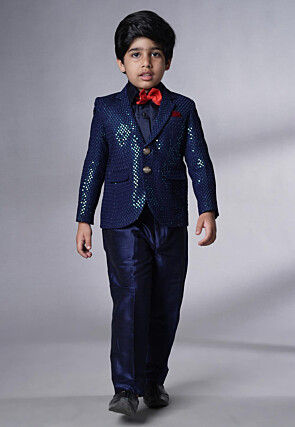Embroidered Georgette Tuxedo in Navy Blue