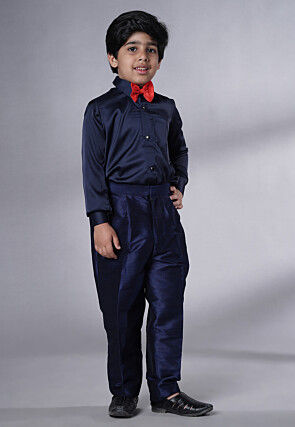 Embroidered Georgette Tuxedo in Navy Blue