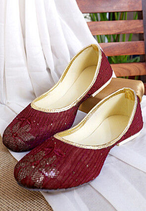 Embroidered Georgette Women Jutti in Maroon