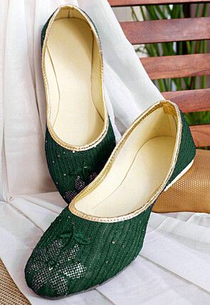 Embroidered Georgette Women Jutti in Dark Green
