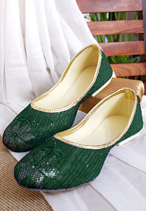 Embroidered Georgette Women Jutti in Dark Green