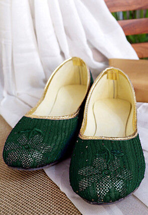 Embroidered Georgette Women Jutti in Dark Green