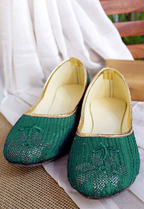 Embroidered Georgette Women Jutti in Sea Green