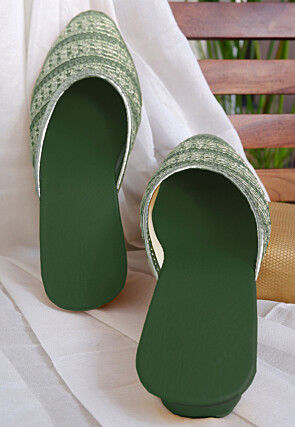 Embroidered Georgette Women Mules in Dark Green