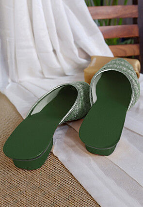 Embroidered Georgette Women Mules in Dark Green