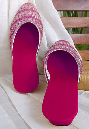 Embroidered Georgette Women Mules in Fuchsia