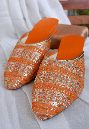 Embroidered Georgette Women Mules in Orange