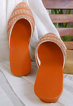 Embroidered Georgette Women Mules in Orange