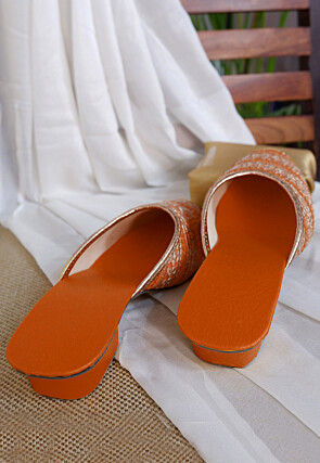 Embroidered Georgette Women Mules in Orange