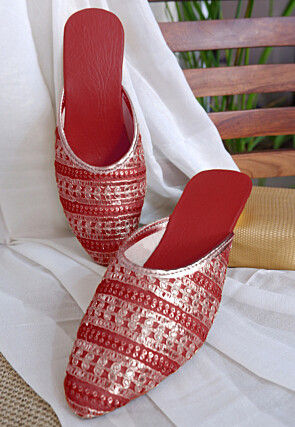 Embroidered Georgette Women Mules in Red