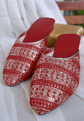 Embroidered Georgette Women Mules in Red