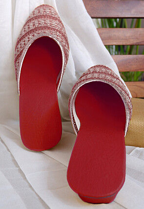 Embroidered Georgette Women Mules in Red