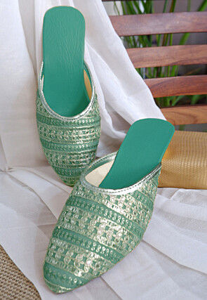 Embroidered Georgette Women Mules in Sea Green