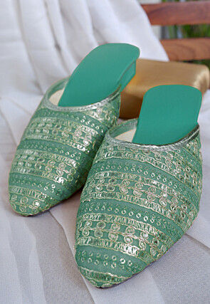 Embroidered Georgette Women Mules in Sea Green