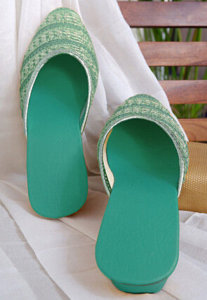 Embroidered Georgette Women Mules in Sea Green