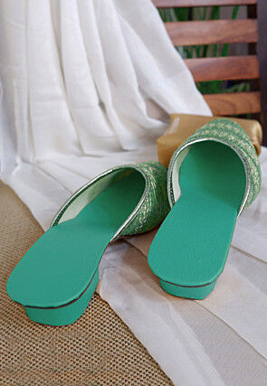 Embroidered Georgette Women Mules in Sea Green