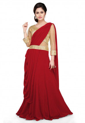 Embroidered GeorgettePleated Saree Style Gown in Red