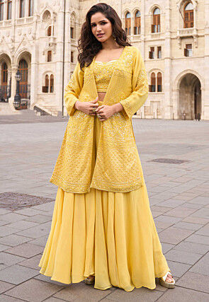 Embroidered Georgette Crop Top Set in Yellow