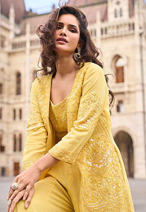 Embroidered Georgette Crop Top Set in Yellow