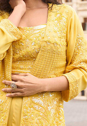 Embroidered Georgette Crop Top Set in Yellow