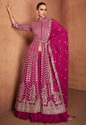 Embroidered Georgette Lehenga in Fuchsia