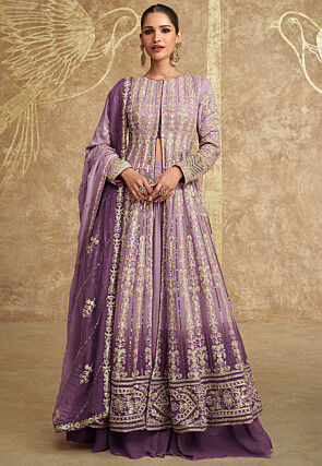 Embroidered Georgette Lehenga in Shaded Purple