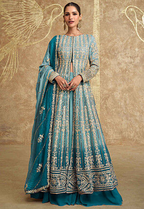 Embroidered Georgette Lehenga in Shaded Teal Blue