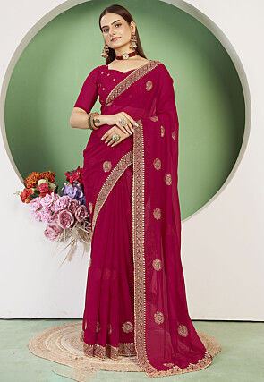 Embroidered Gerogette Saree in Magenta