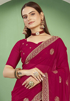 Embroidered Gerogette Saree in Magenta