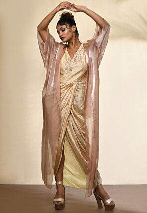 Embroidered Glass Tissue and Pure Silk Drape Dress in Beige