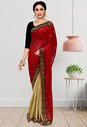 Embroidered Half N Half Georgette Saree in Red and Cream