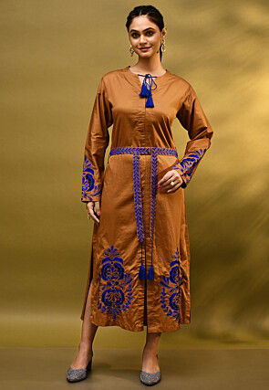 Embroidered Handloom Cotton Aline Dress in Brown