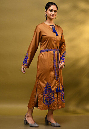 Embroidered Handloom Cotton Aline Dress in Brown