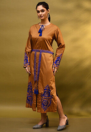 Embroidered Handloom Cotton Aline Dress in Brown