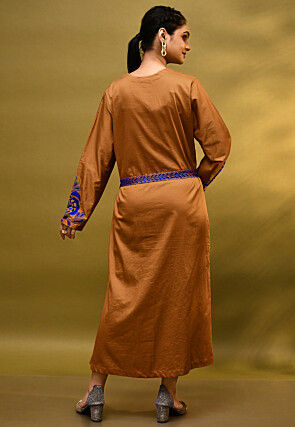Embroidered Handloom Cotton Aline Dress in Brown