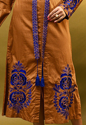 Embroidered Handloom Cotton Aline Dress in Brown