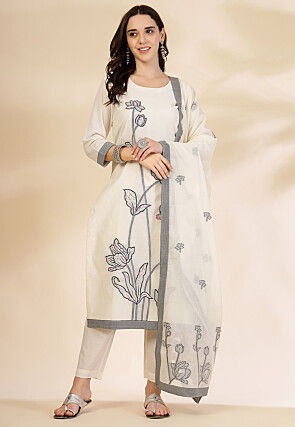 Embroidered Handloom Cotton Pakistani Suit in White
