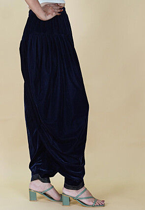 Embroidered Hem Velvet Patiala in Navy Blue