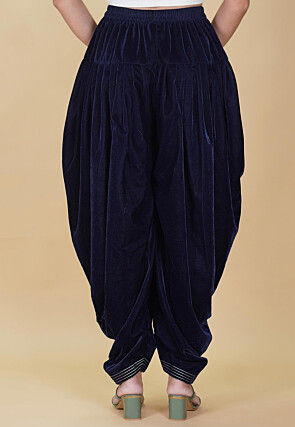 Embroidered Hem Velvet Patiala in Navy Blue