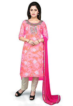 Embroidered High Low Straight Cut Pure Kota Silk Suit in Light Pink