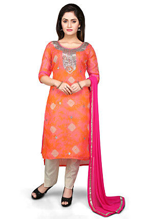 Embroidered High Low Straight Cut Pure Kota Silk Suit in Orange