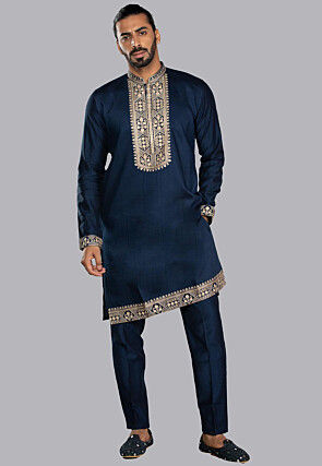 Embroidered Imported Cotton Silk Kurta Set in Navy Blue