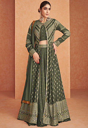 Embroidered Jacket Style Georgette Lehenga in Olive Green