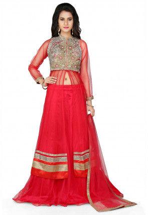 Embroidered Jacket Style Net Lehenga in Red