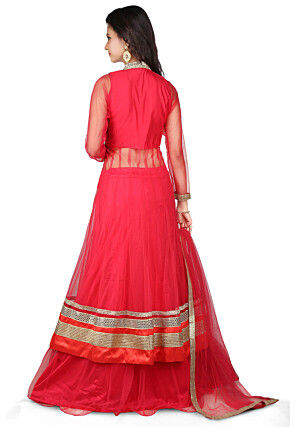 Embroidered Jacket Style Net Lehenga in Red